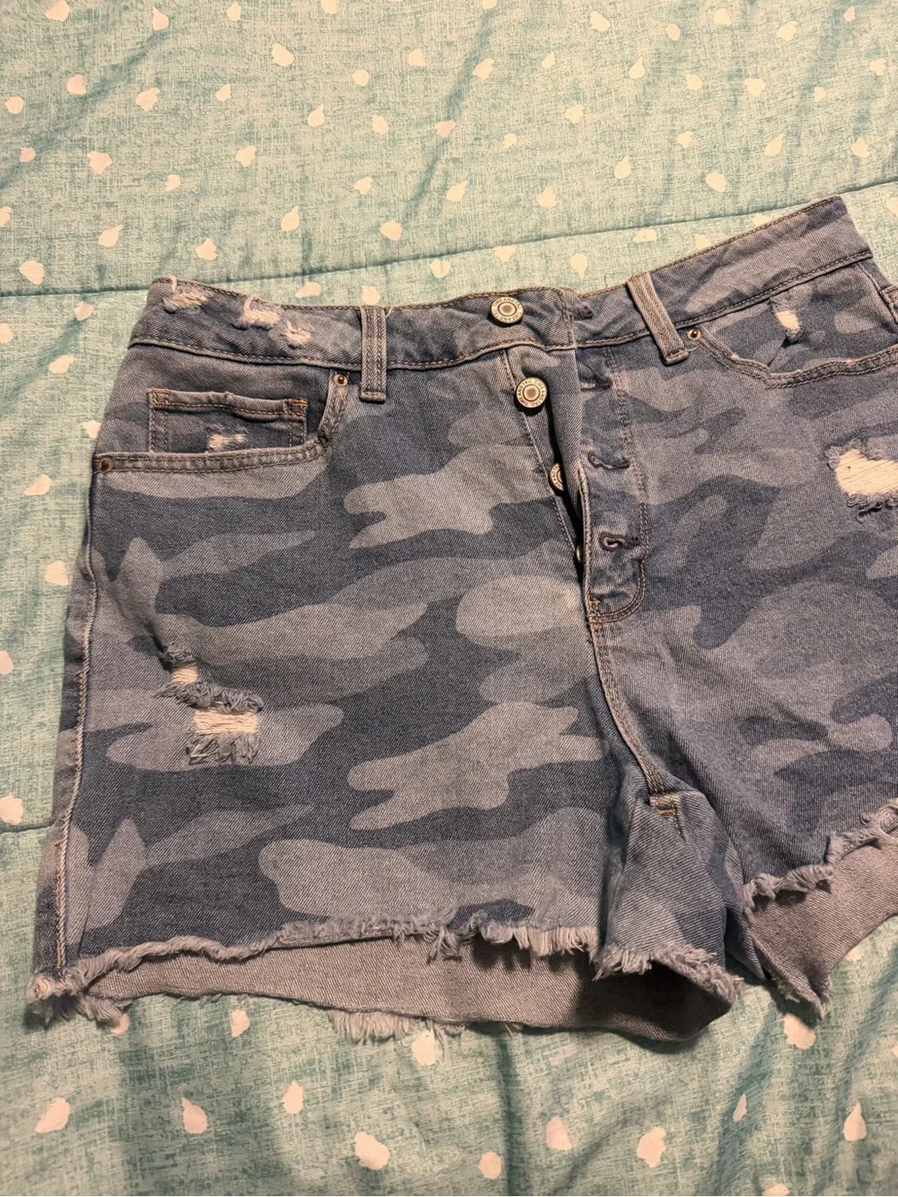 Sz 12 High Rise Camo Denim Distressed Shorts. Button Fly. MUST BE BUNDLED